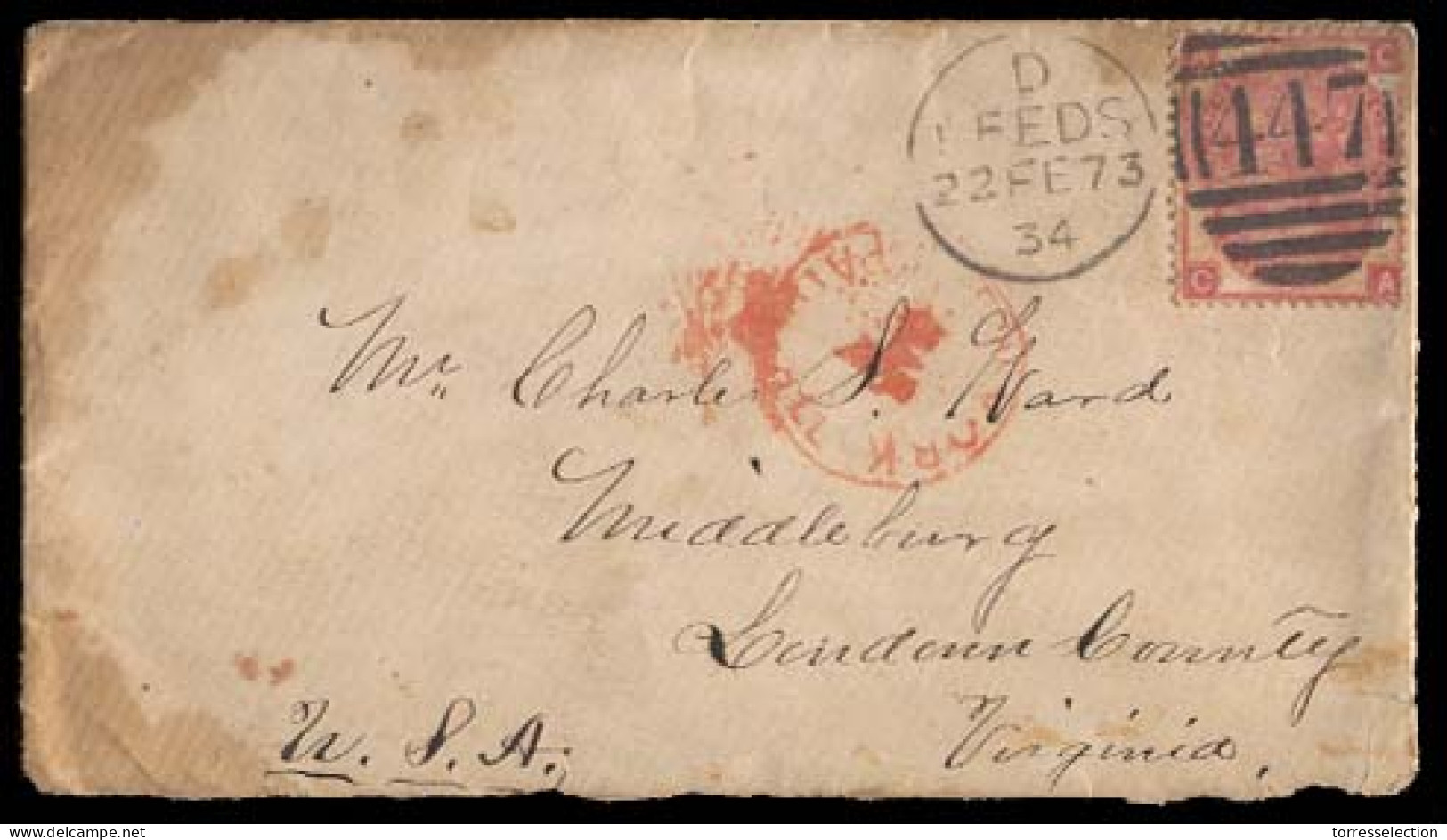 GREAT BRITAIN. 1873 (22 Feb) Leeds To Middleburg, VA, USA. Franked Envelope Bearing QV 3d Rose Pl 9 (SG 103, £80,00+), T - ...-1840 Préphilatélie