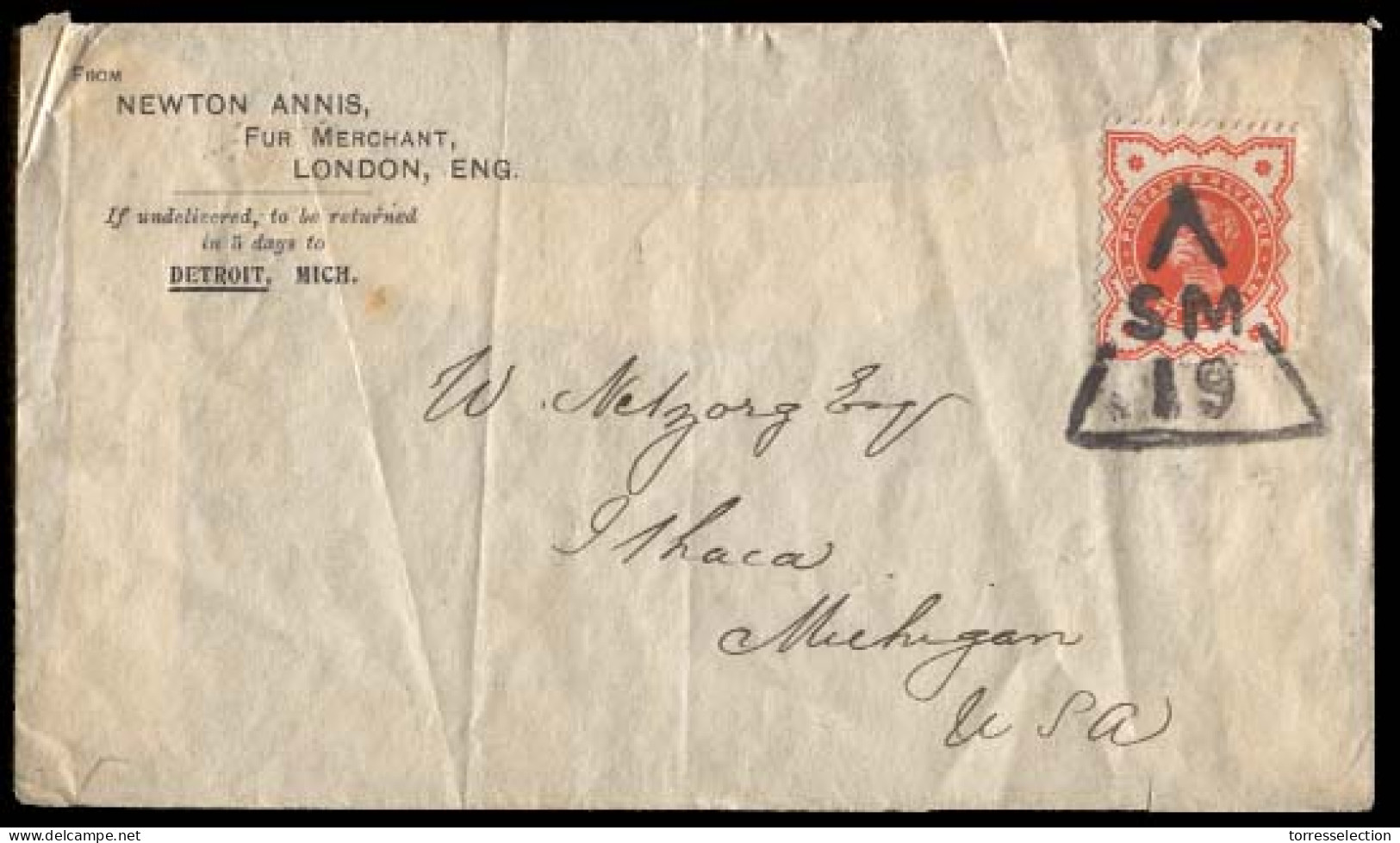 GREAT BRITAIN. C.1887. London To Ithaca, MI, USA. Illustrated Envelope Franked QV 1/2d Orange (SG 197) Single Franking A - ...-1840 Vorläufer