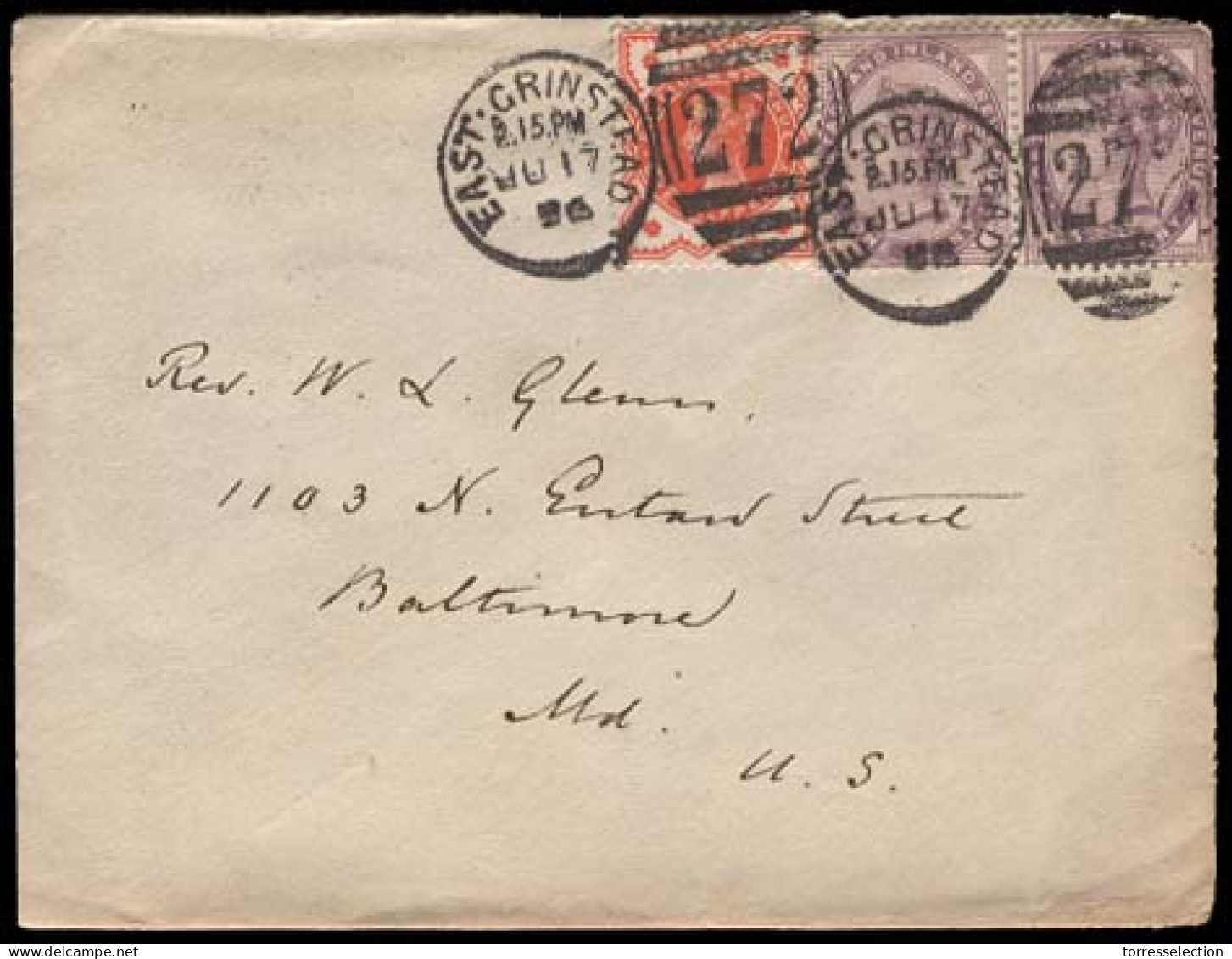 GREAT BRITAIN. 1895 (Jun 17) East Grinstad To Baltimore, MD, USA. Envelope Franked QV 1/2d Orange + 2x1d Lilac 16 Pearls - ...-1840 Préphilatélie