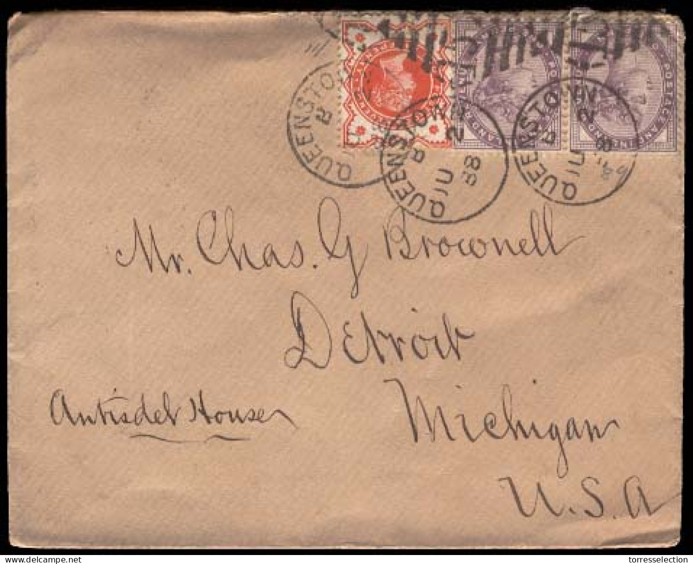 GREAT BRITAIN. 1888 (Jun 2) Queenstown To Detroit, MI, USA. 2 1/2 D Rate. Envelope Franked 1/2 D Orange + 2x1d Lilac 16  - ...-1840 Voorlopers