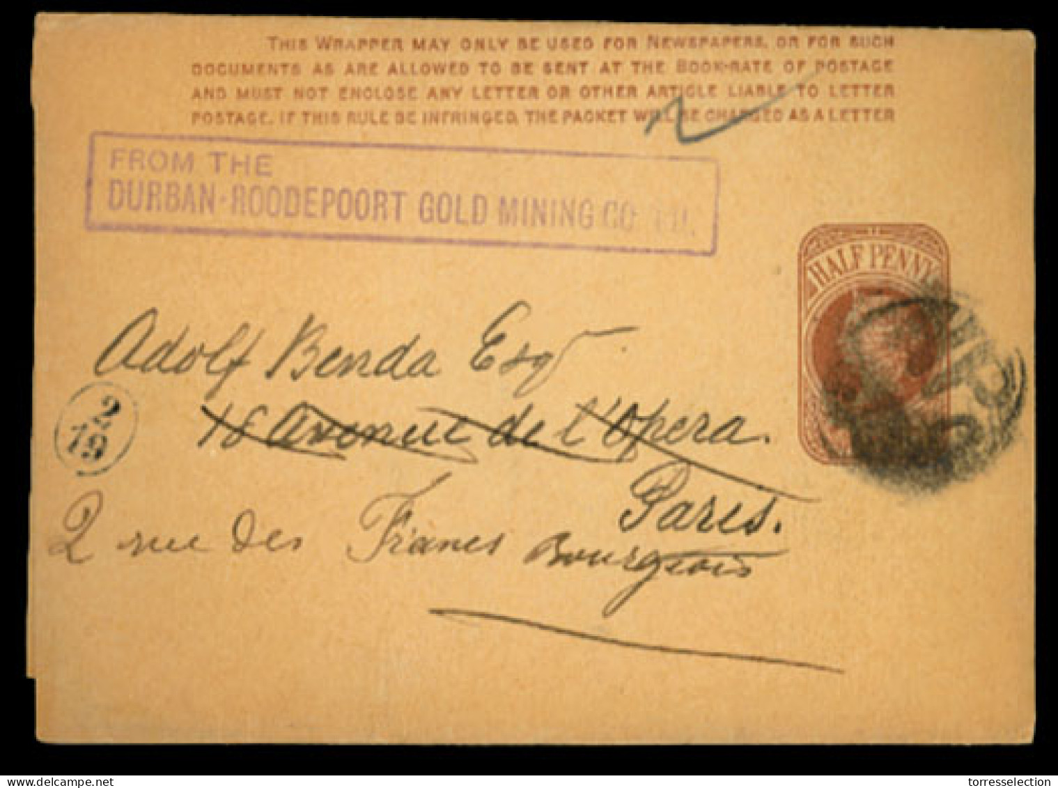 GREAT BRITAIN. C.1890. Durban-Roodepoort Gold Mining Co. 1/2 D Stat.wrapper To France. - ...-1840 Voorlopers