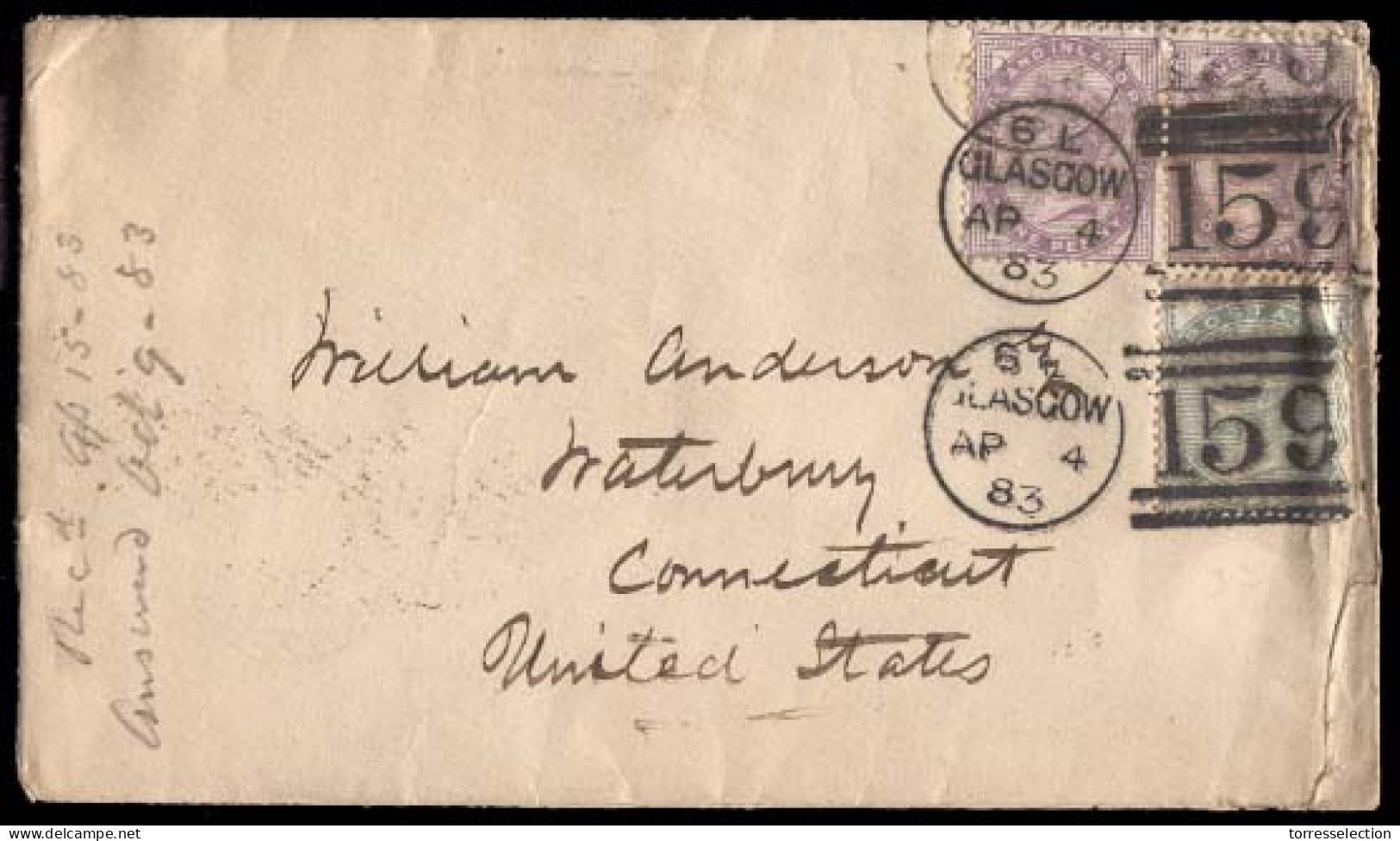 GREAT BRITAIN. 1883 (April 4) Glasgow To Waterbury, CT, USA (April 16) Envelope Franked 1d Lilac 16 Pearls X 2 (SG 172x2 - ...-1840 Préphilatélie