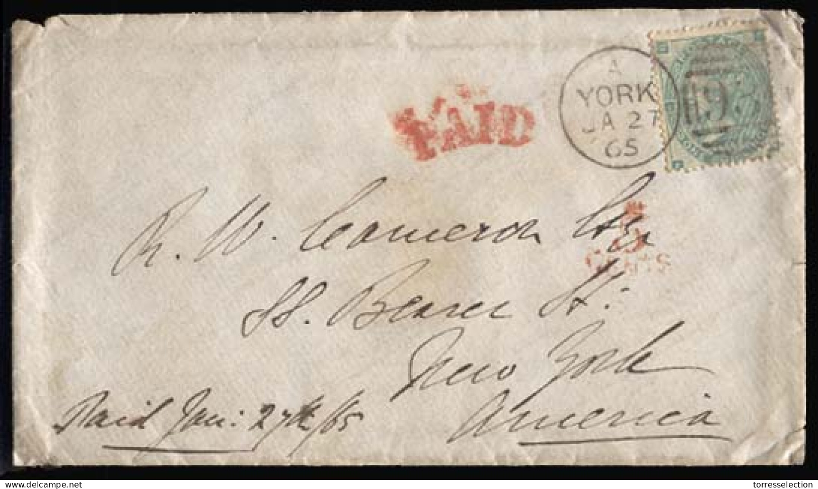 GREAT BRITAIN. 1865 (Jan 27) York To New York/USA. Envelope Franked QV. 1sh Green, Small Corner Letters (SG 90, Cat 04,  - ...-1840 Vorläufer