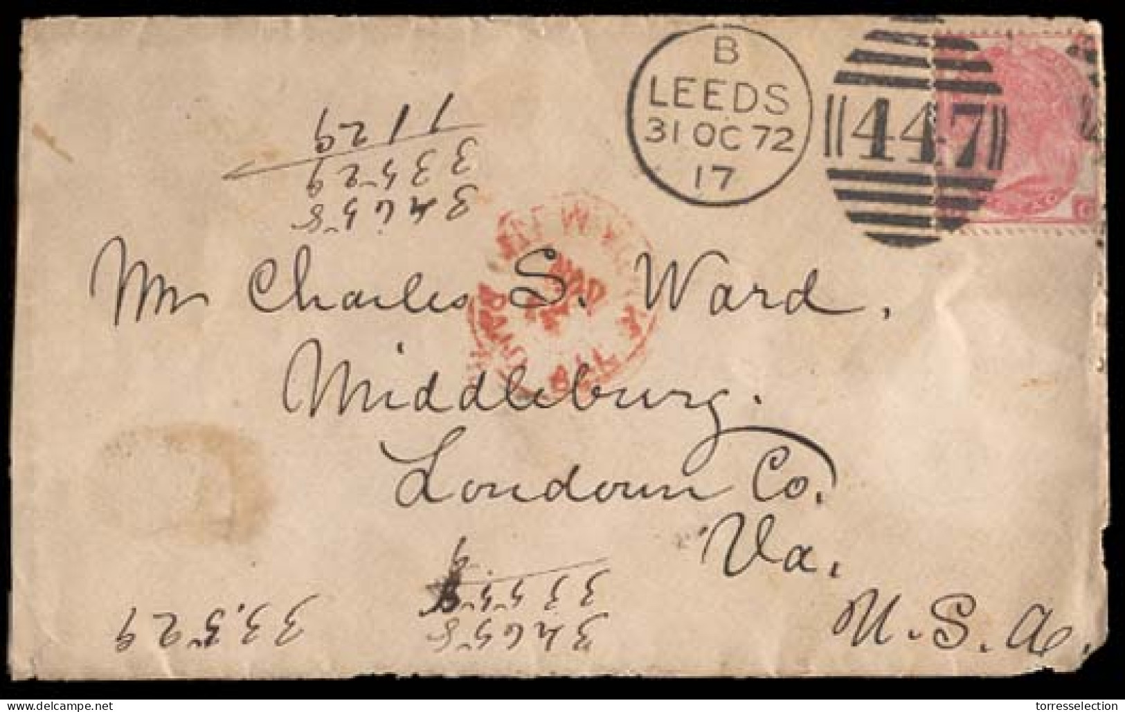 GREAT BRITAIN. 1872 (31 Oct) Leeds To Middleburg, VA, USA. Envelope Franked QV 3d Light Rose Plate 8 (SG 103, Cat 04 £75 - ...-1840 Voorlopers