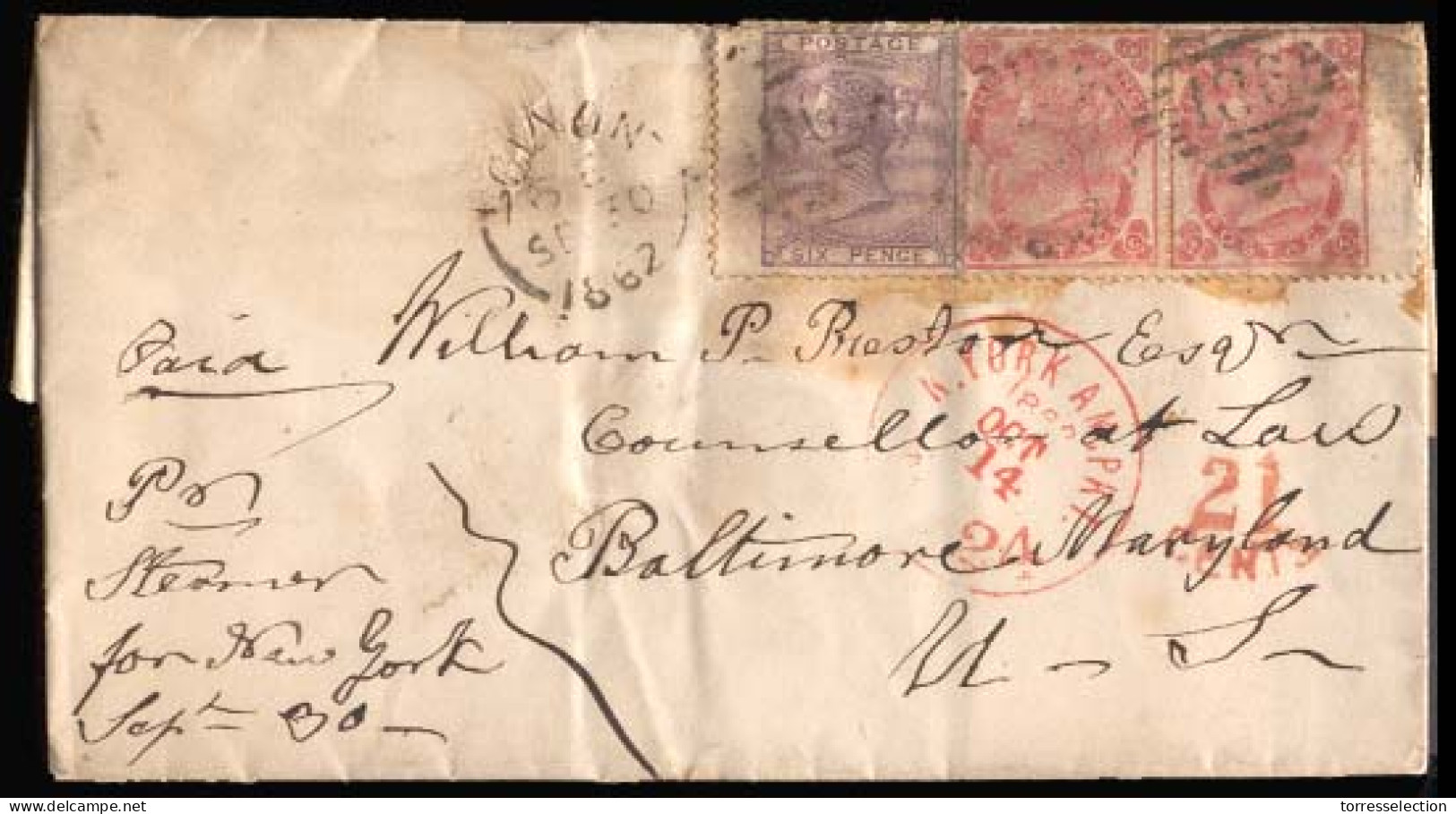 GREAT BRITAIN. 1862 (Sept 30) Dublin To Baltimore, USA. Envelope Franked QV 6d Lilac (SG 70, Cat 04, £150,00) And 3d Car - ...-1840 Préphilatélie