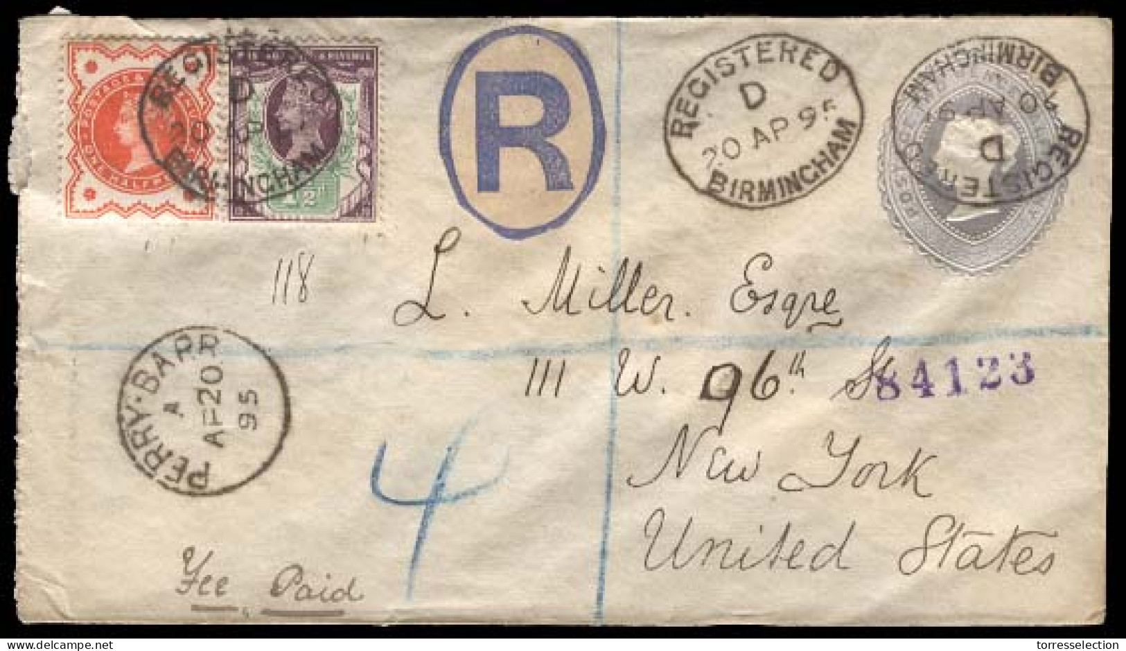 GREAT BRITAIN. 1895 (Apr 20) Perry Barr To New York, USA. Registered 2d Grey Blue Stationery Envelope + Adtl 1/2 D Orang - ...-1840 Préphilatélie