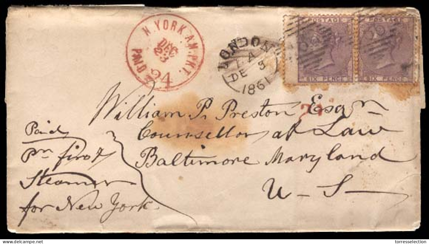 GREAT BRITAIN. 1861 (Dec 3) Dublin To Baltimore, MD, USA. Envelope Franked QV 6d Lilac Horizontal Pair (SG 70x2, Cat04 £ - ...-1840 Voorlopers