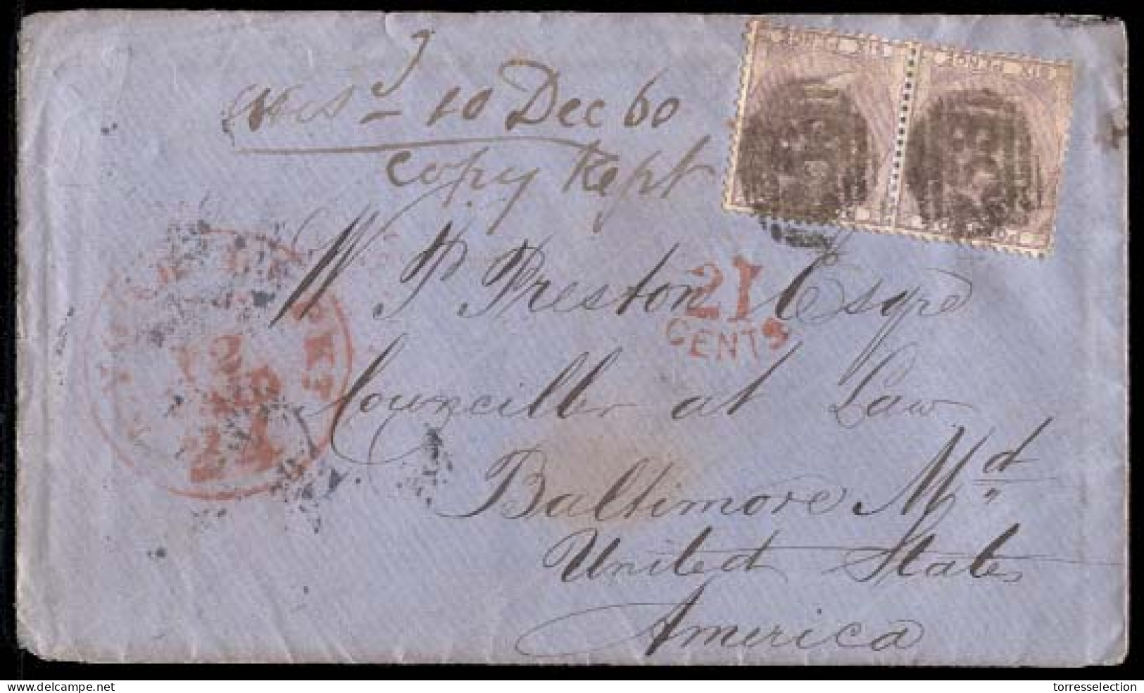 GREAT BRITAIN. 1860 (Oct 27) Dewsbury Via Bailey To Baltimore, MD, USA. Envelope Franked QV 6d Lilac, Horizontal Pair (S - ...-1840 Vorläufer