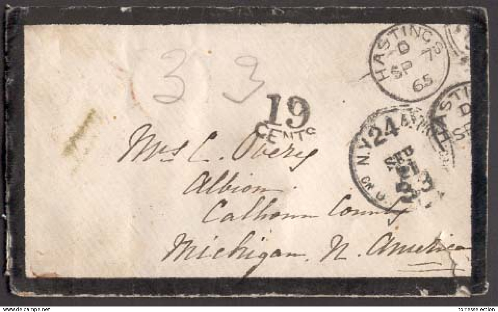 GREAT BRITAIN. 1865 (Sept 7) Hastings To Albion, MI, USA. Stampless Envelope Via London (Sept 8), Martitime Red Circle W - ...-1840 Voorlopers