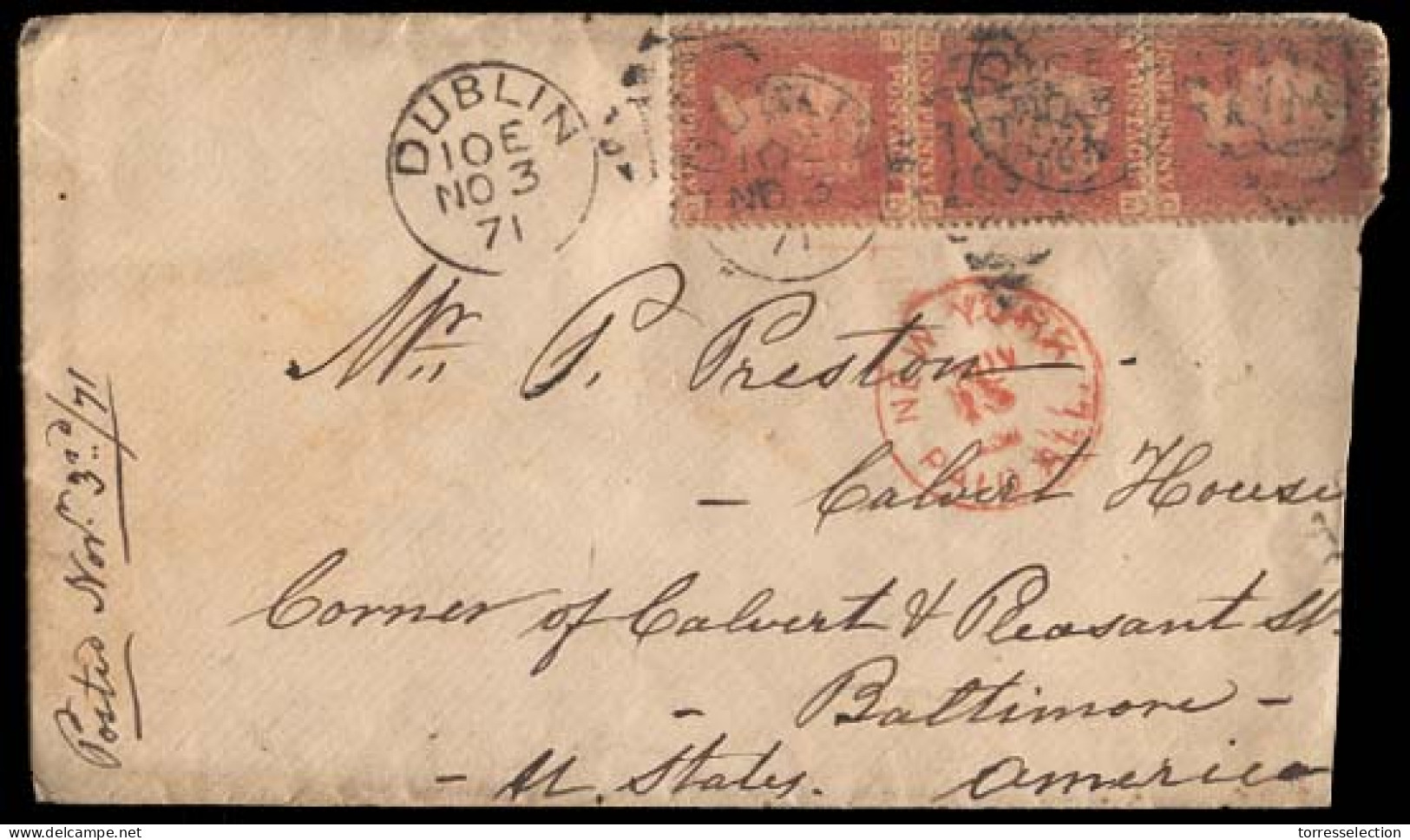 GREAT BRITAIN. 1871 (Nov 3) Dublin To Baltimore, USA. Envelope (shortly Opened At Right) Franked 1d Rose Red Pl 131 Vert - ...-1840 Vorläufer