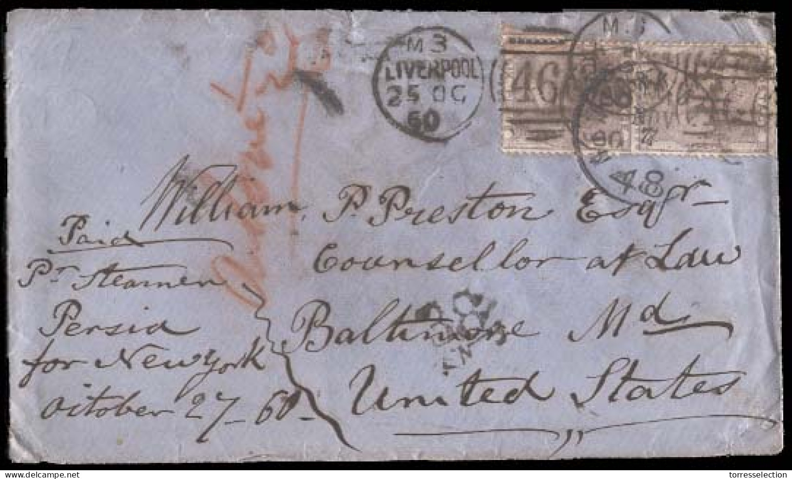 GREAT BRITAIN. 1860 (25 Oct) Liverpool To Baltimore, MD, USA. Envelope Franked QV 6d Lilac, Vertical Pair (SG 70x2, Cat  - ...-1840 Préphilatélie