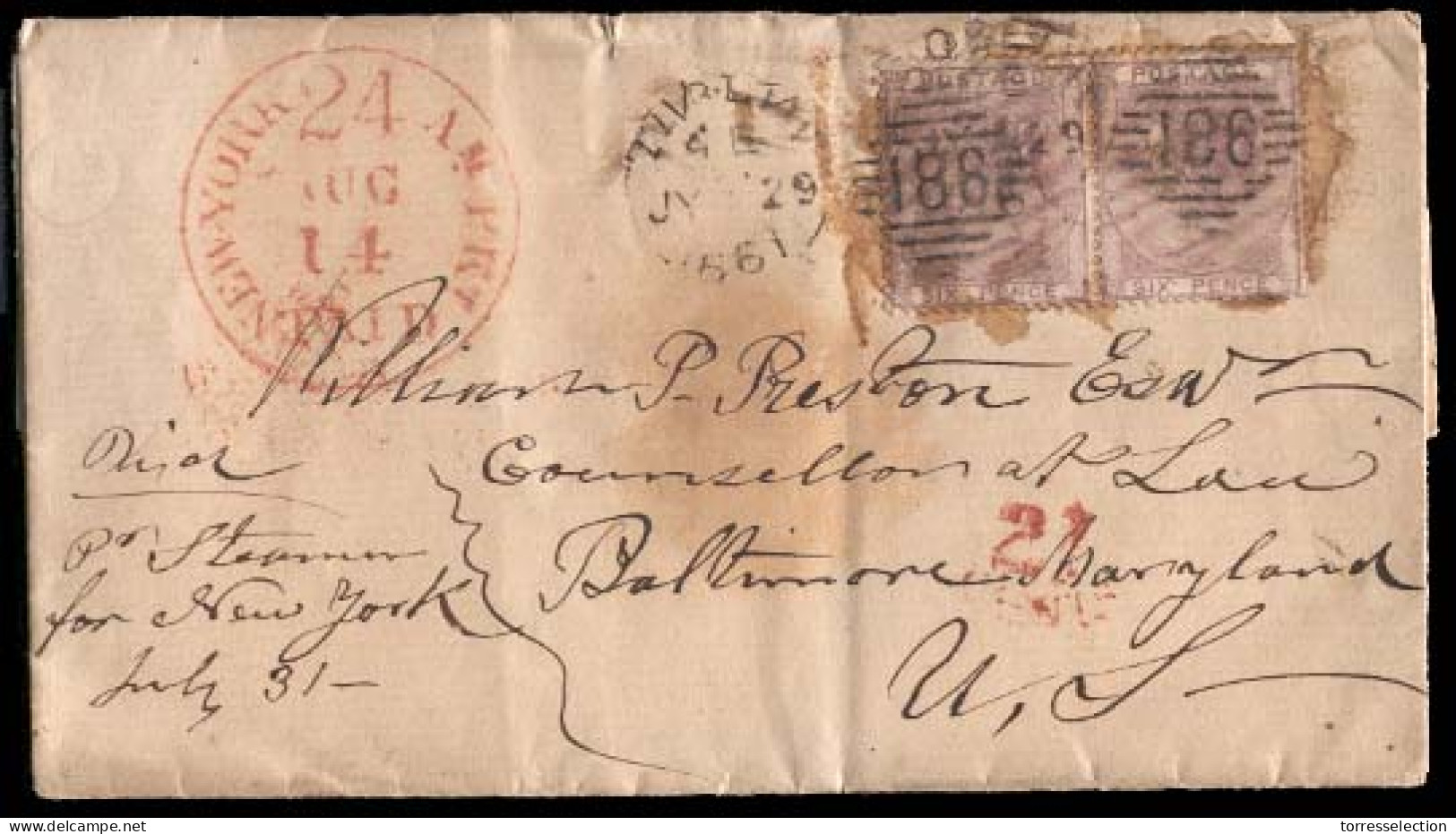 GREAT BRITAIN. 1861 (July 29). Dublin To Baltimore, MD, USA. Envelope Franked QV 6d Pale Lilac Horizontal Pair (SG 70x2, - ...-1840 Voorlopers