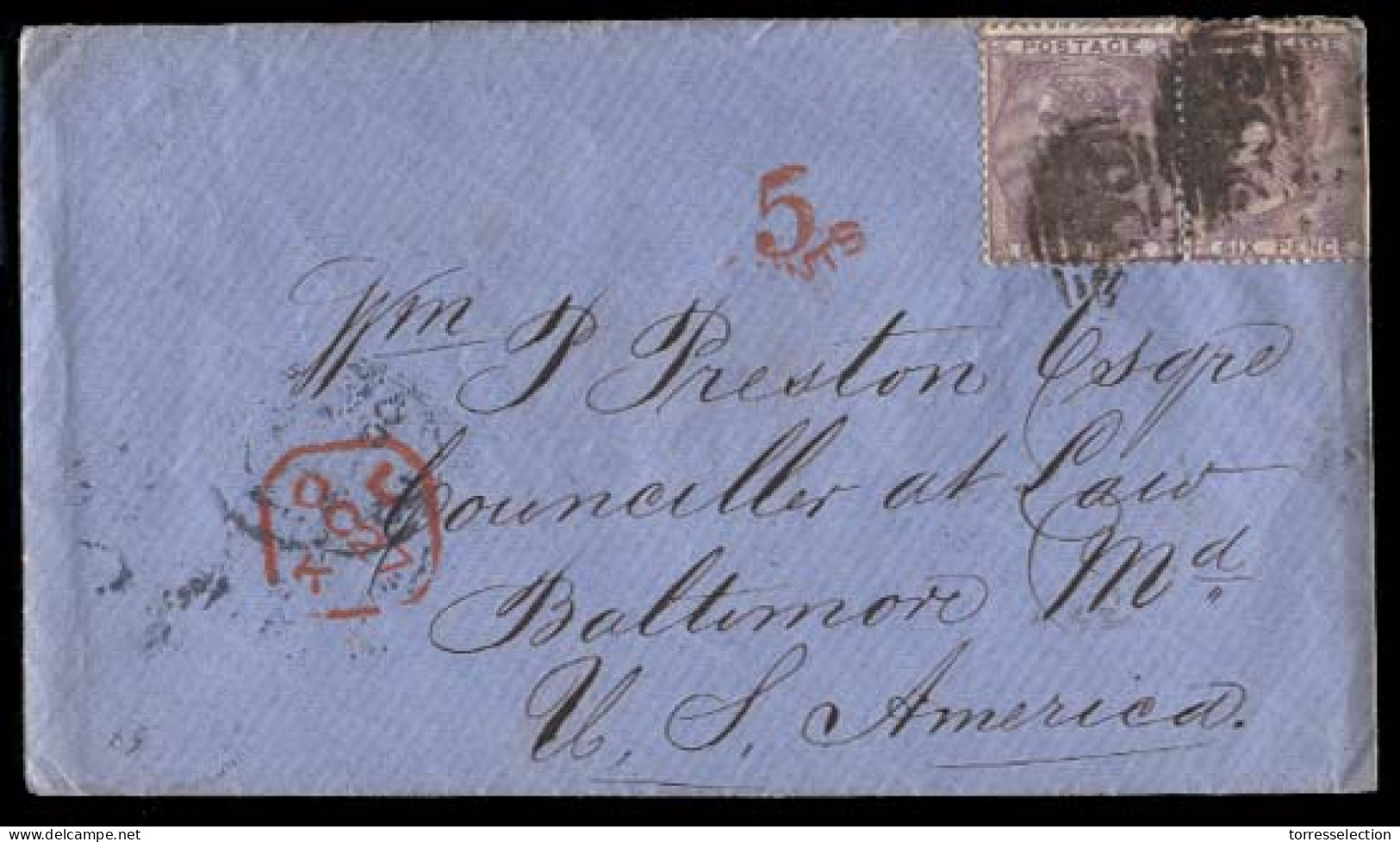 GREAT BRITAIN. 1859 (Oct 26) Dewsbury, Via Bailey And Manchester To Baltimore, MD, USA. Envelope Franked QV 6d Lilac Hor - ...-1840 Voorlopers