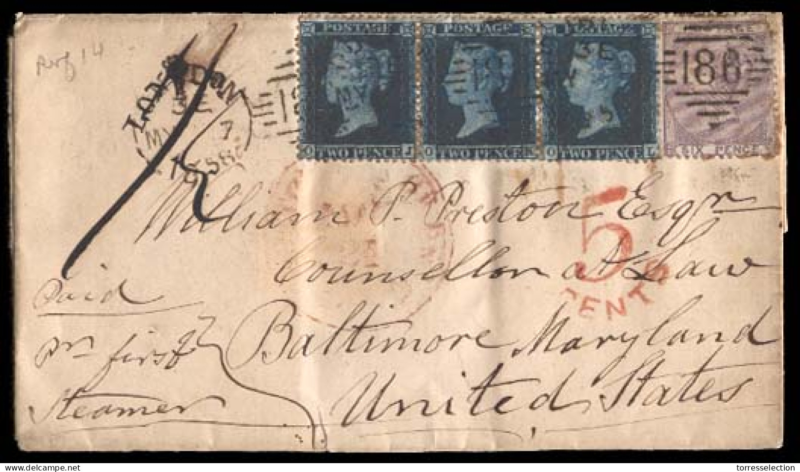 GREAT BRITAIN. 1858 (May 7) Dublin To Baltimore, MD, USA. Envelope Franked QV 2d Blue Perf 14 Horizontal Strip Of Three  - ...-1840 Préphilatélie