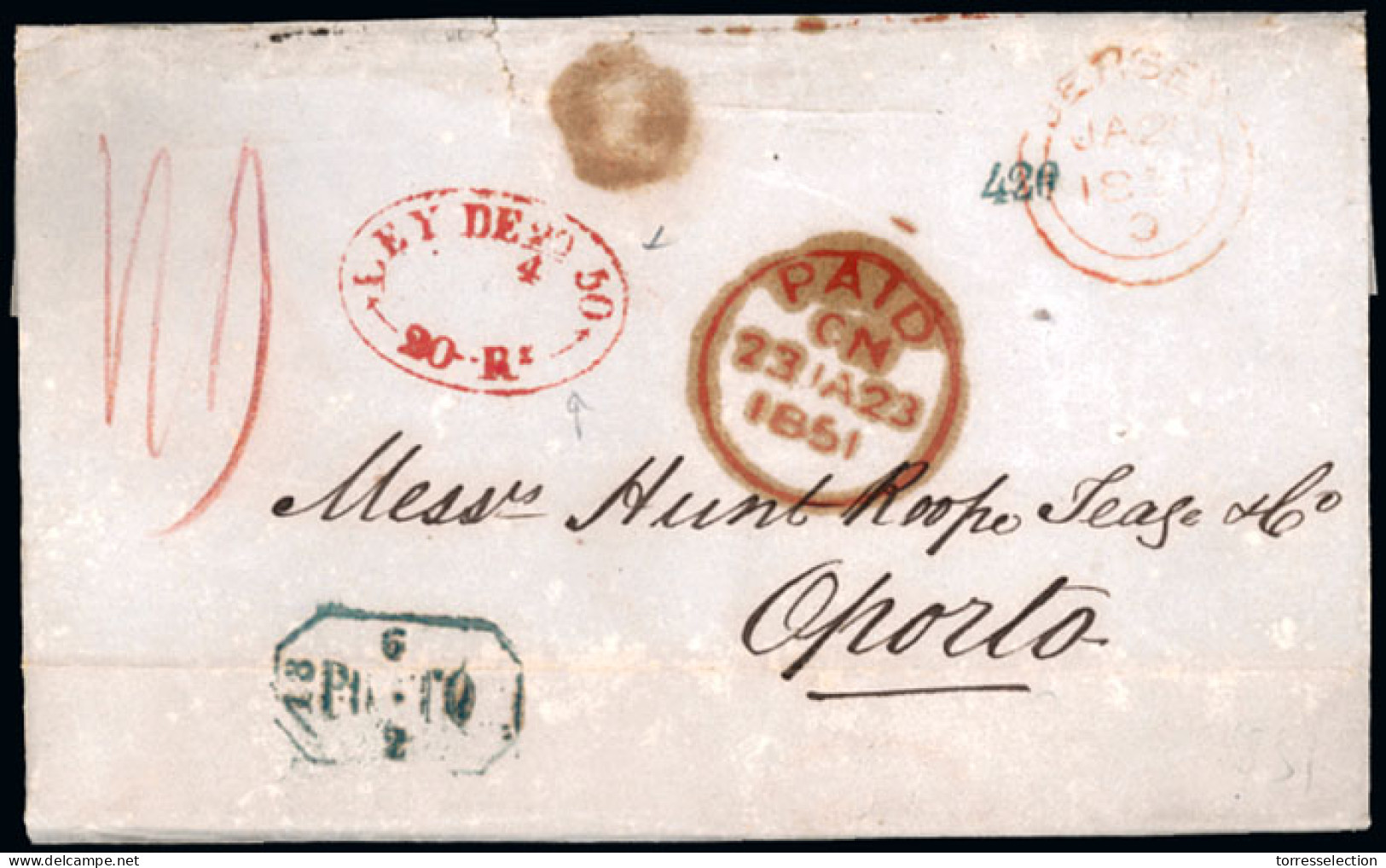 GREAT BRITAIN. 1851 (18 January). GREAT BRITIAN - CHANNEL ISLANDS. Jersey To Portugal. EL.with Small Letters Red Double  - ...-1840 Vorläufer