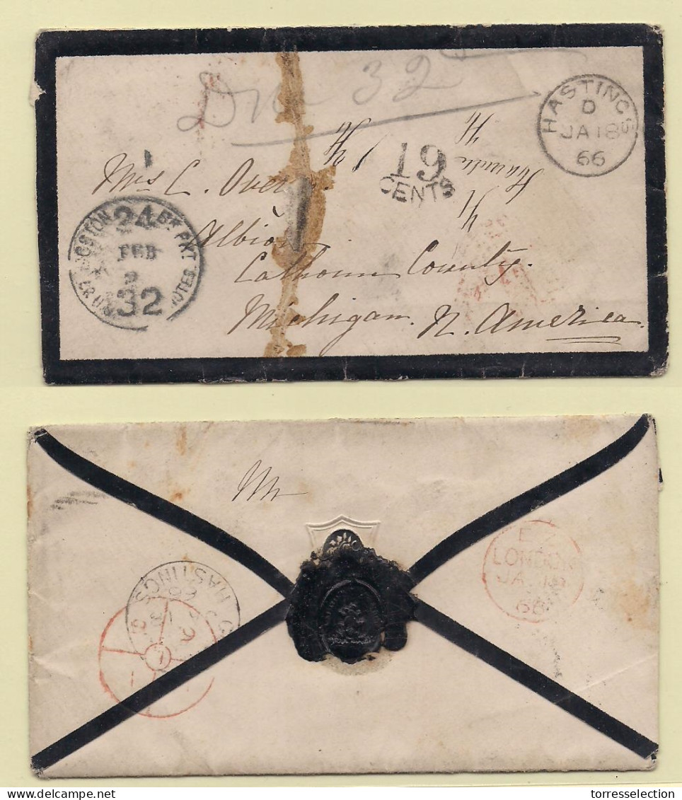 GREAT BRITAIN. 1866 (Jan 18) Hastings To Albion, MD, USA. Stampless Envelope Cds Dep + "Boston British Packet Feb 2, 24, - ...-1840 Vorläufer