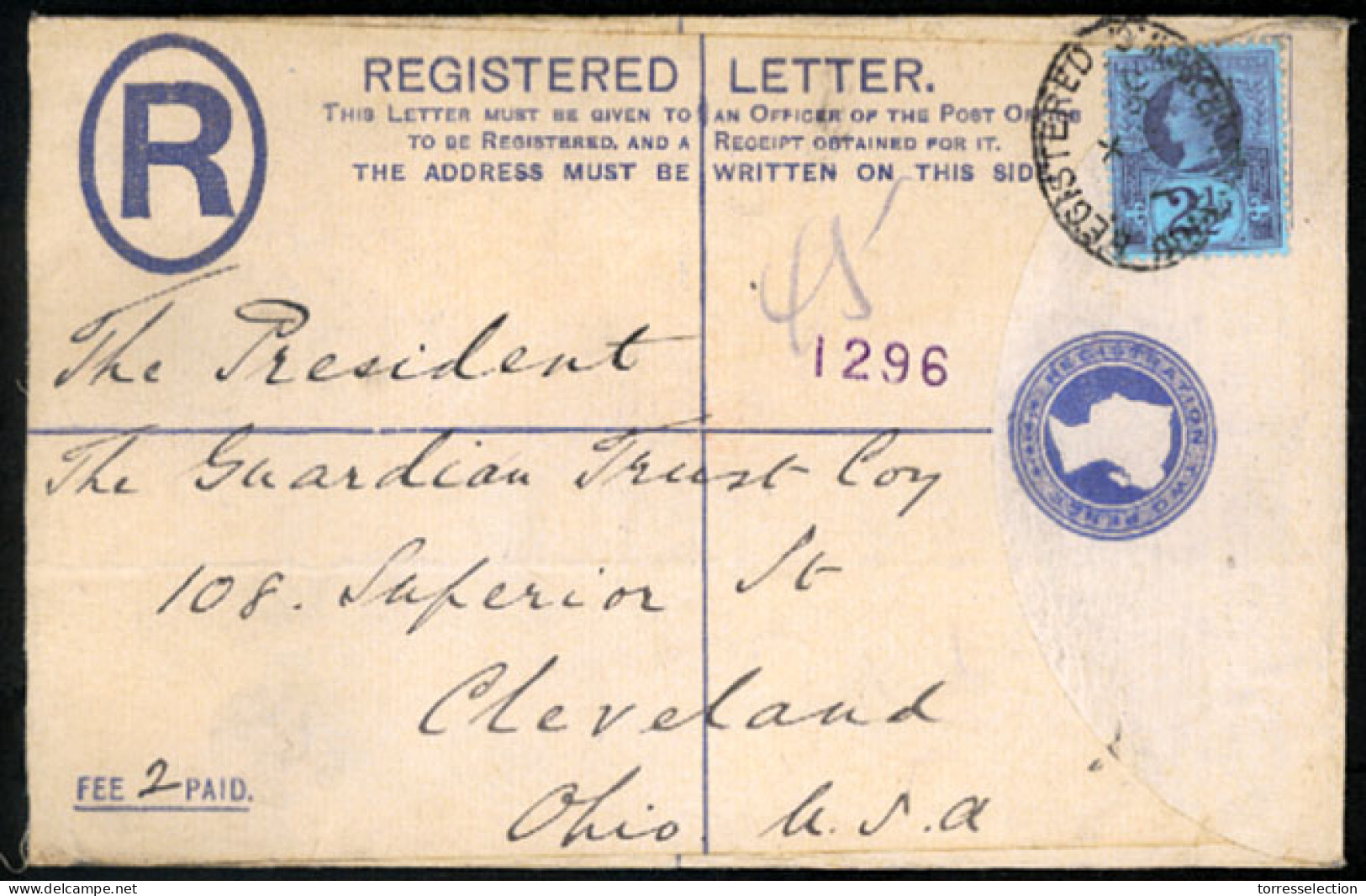 GREAT BRITAIN. 1896. Registered Stationery Envelope + Additional To USA. F-VF. - ...-1840 Voorlopers