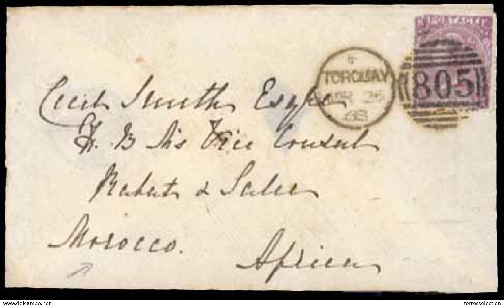 GREAT BRITAIN. 1868 (March 25). Cover From Torquay To His British Majesty's Vice Consul In MOROCCO Franked By Single 186 - ...-1840 Vorläufer