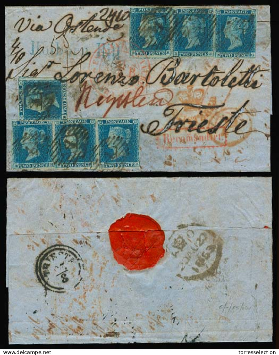 GREAT BRITAIN. 1853 (19 Aug). London To Triest. REGISTERED E. Franked 1841 2d Blue (SG 14) (x7) Single, Two Horiz Strips - ...-1840 Voorlopers