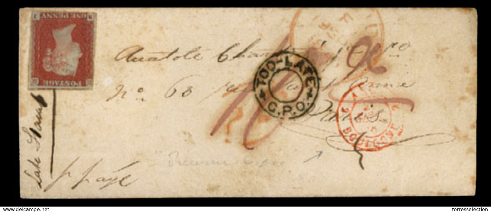 GREAT BRITAIN. 1848. Cover From Tottenham To Paris Franked With Uncancelled 1841 Imperf 1d Red, The Letter Was Prepaid 1 - ...-1840 Préphilatélie