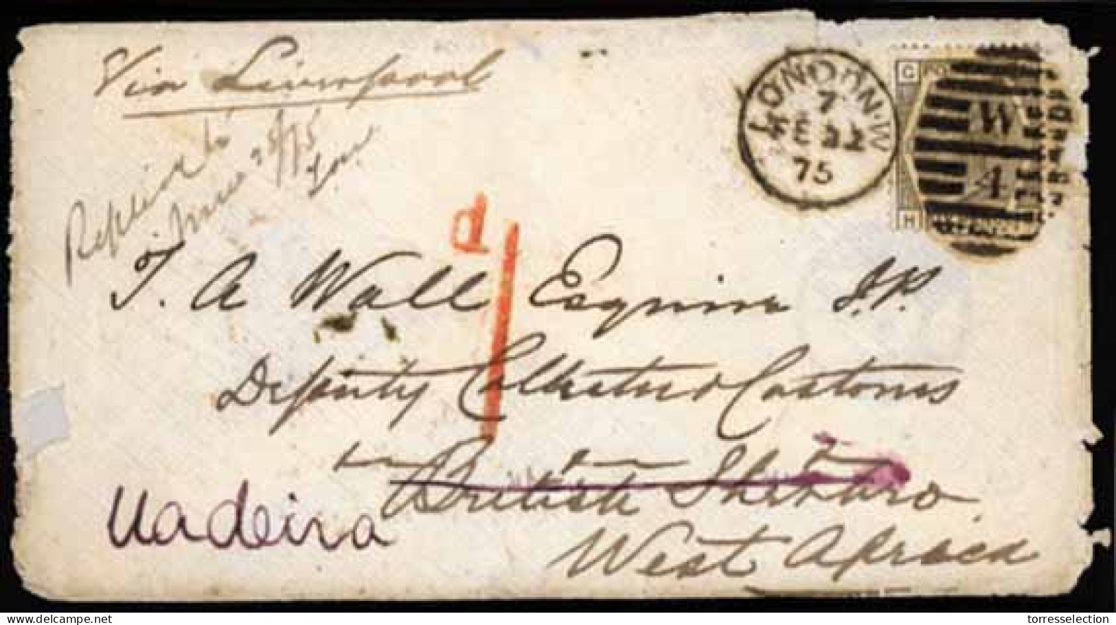 GREAT BRITAIN. 1875. Envelope To British Sherbro (an Island Off The Coast Of Sierre Leone) Franked 6d., Plate 13, Tied B - ...-1840 Voorlopers