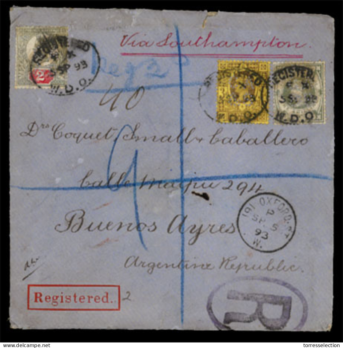 GREAT BRITAIN. 1894. Registered Cover From London To Buenos Aires, ARGENTINA Franked By Perfinned Jubilee 2d, 3d Ad 1s D - ...-1840 Préphilatélie