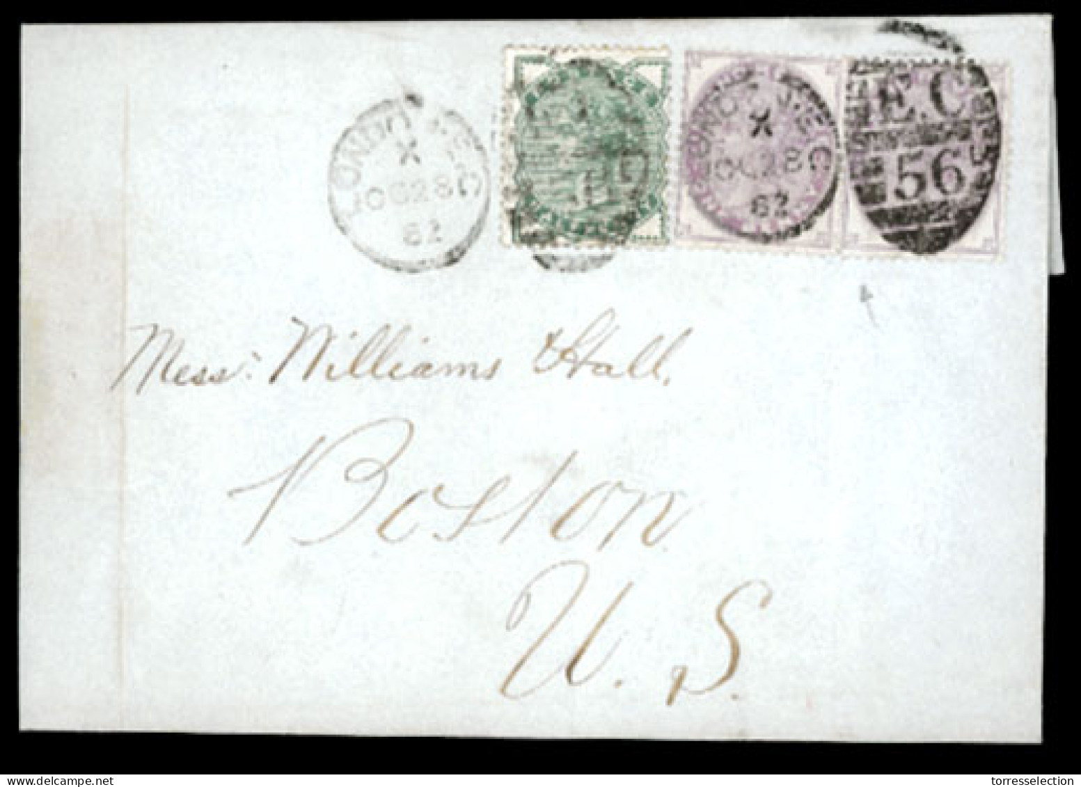 GREAT BRITAIN. 1882 (28 Oct). London To Boston, U.S. With 1/2d. Green In Combination With Inland Revenue 1d. Lilac (2) U - ...-1840 Vorläufer