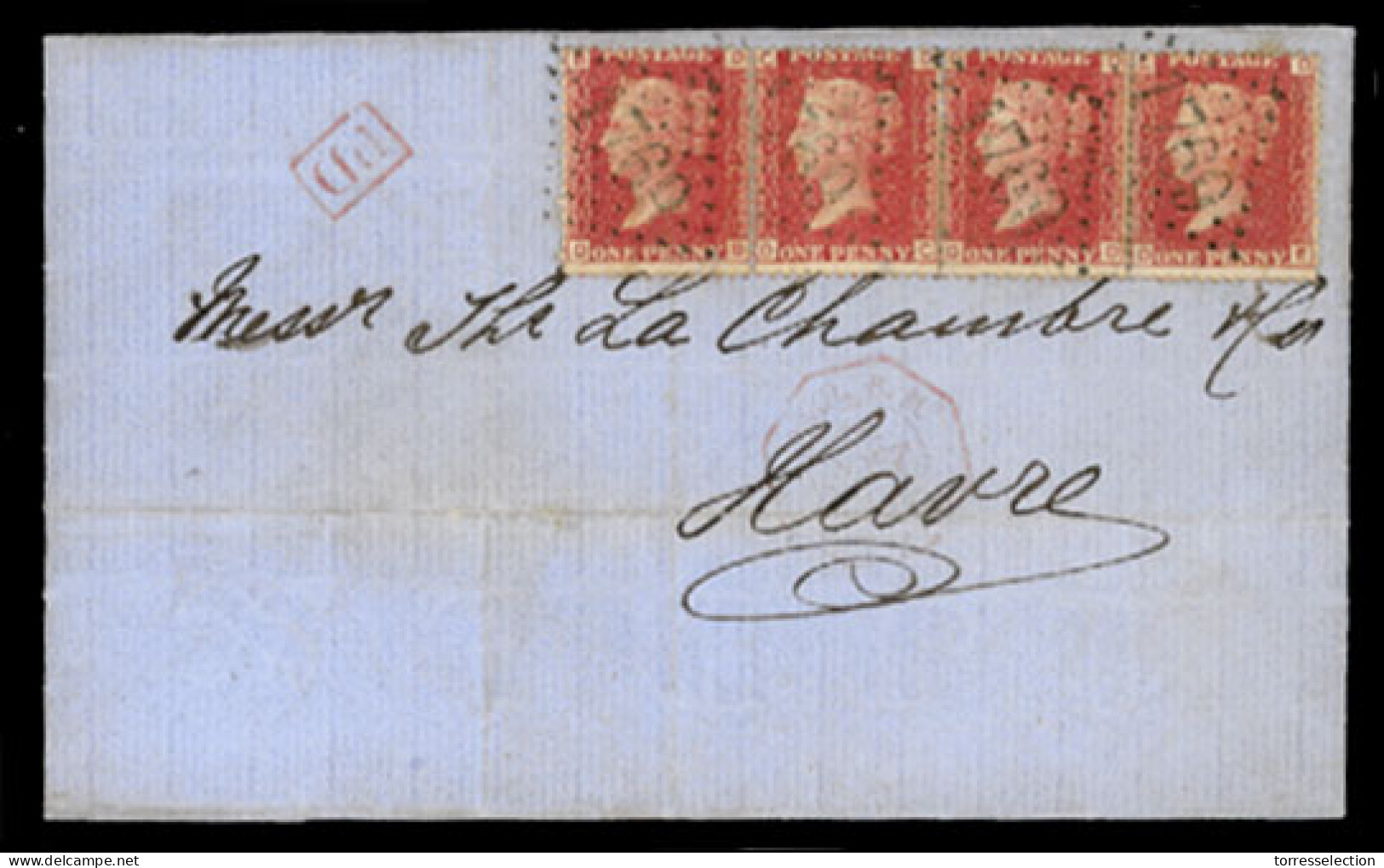 GREAT BRITAIN. 1864. (Aug 15) Southampton To Le Havre/France. E.L. Franked Perf 14 1d Red Plate 76 STRIP OF FOUR (S.G. 4 - ...-1840 Vorläufer