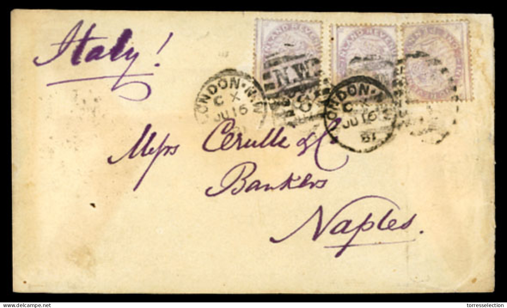 GREAT BRITAIN. 1881 (16 June). London To Naples. Envelope Bearing Inland Revenue 1d. (3) Tied By "N.W. / 8" Duplex, Rare - ...-1840 Voorlopers