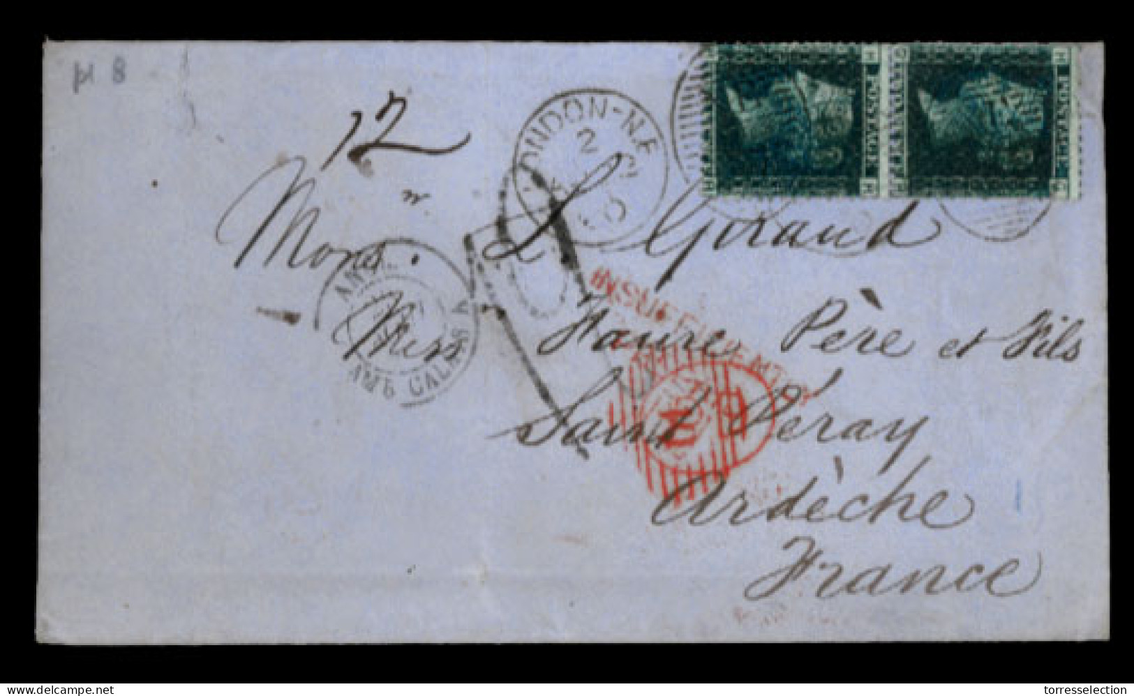 GREAT BRITAIN. 1860. London To Saint Peray/France. Blue Envelope Bearing 2d Blue Pair, Plate 8 (S.G. 45) Tied London Can - ...-1840 Voorlopers