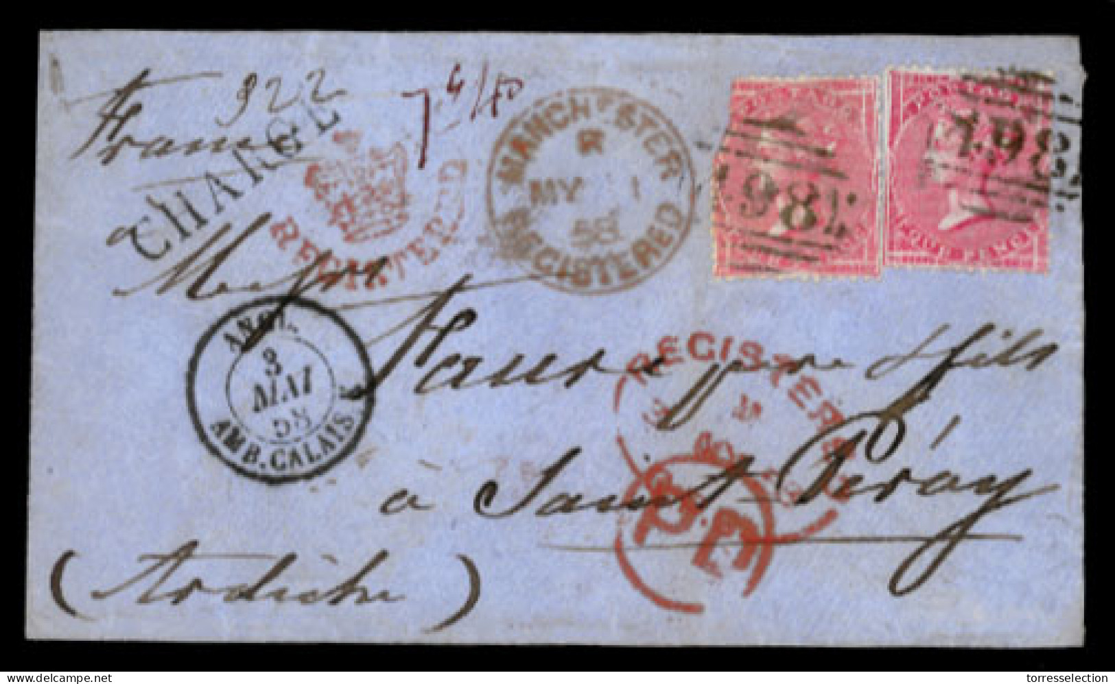 GREAT BRITAIN. 1858. (May 1) Manchester To Saint Peray. Small Registered Blue Envelope Bearing 4d Rose X2, 3 Shades, One - ...-1840 Voorlopers