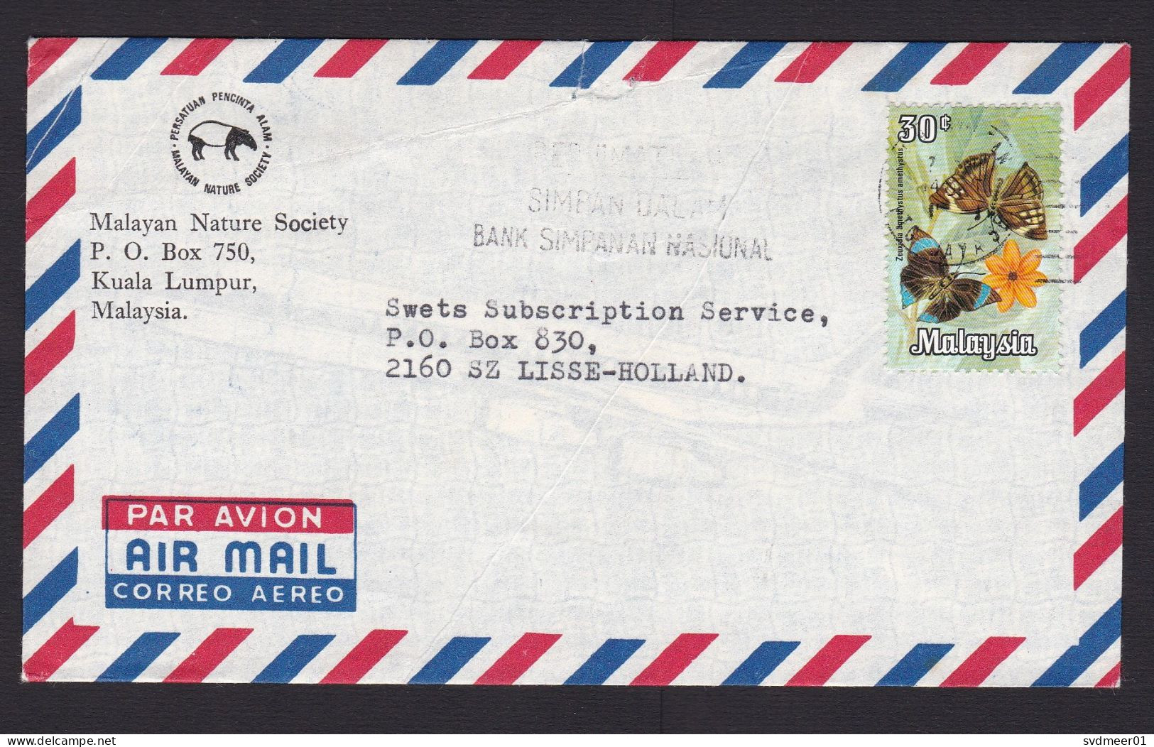 Malaysia: Airmail Cover To Netherlands, 1 Stamp, Butterfly, Insect, Flower (minor Damage) - Malaysia (1964-...)