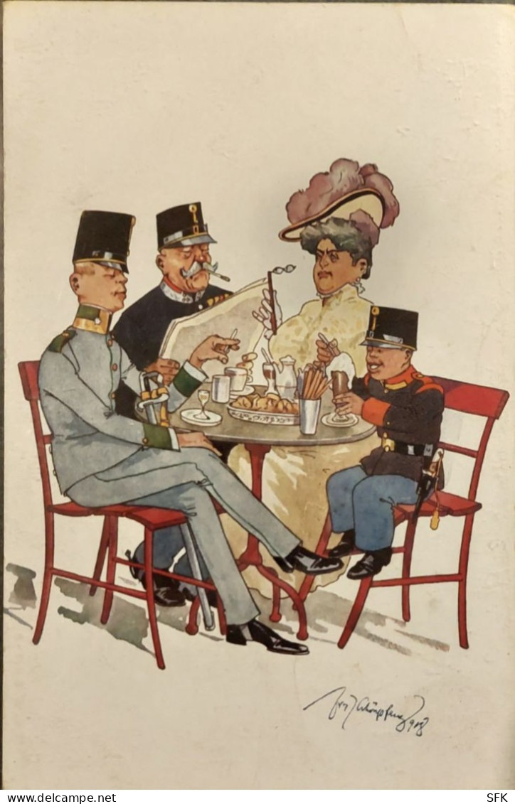 German Types Policemen Officers And A Lady In A Cafe Artist Signed I-VF 588 - Europe