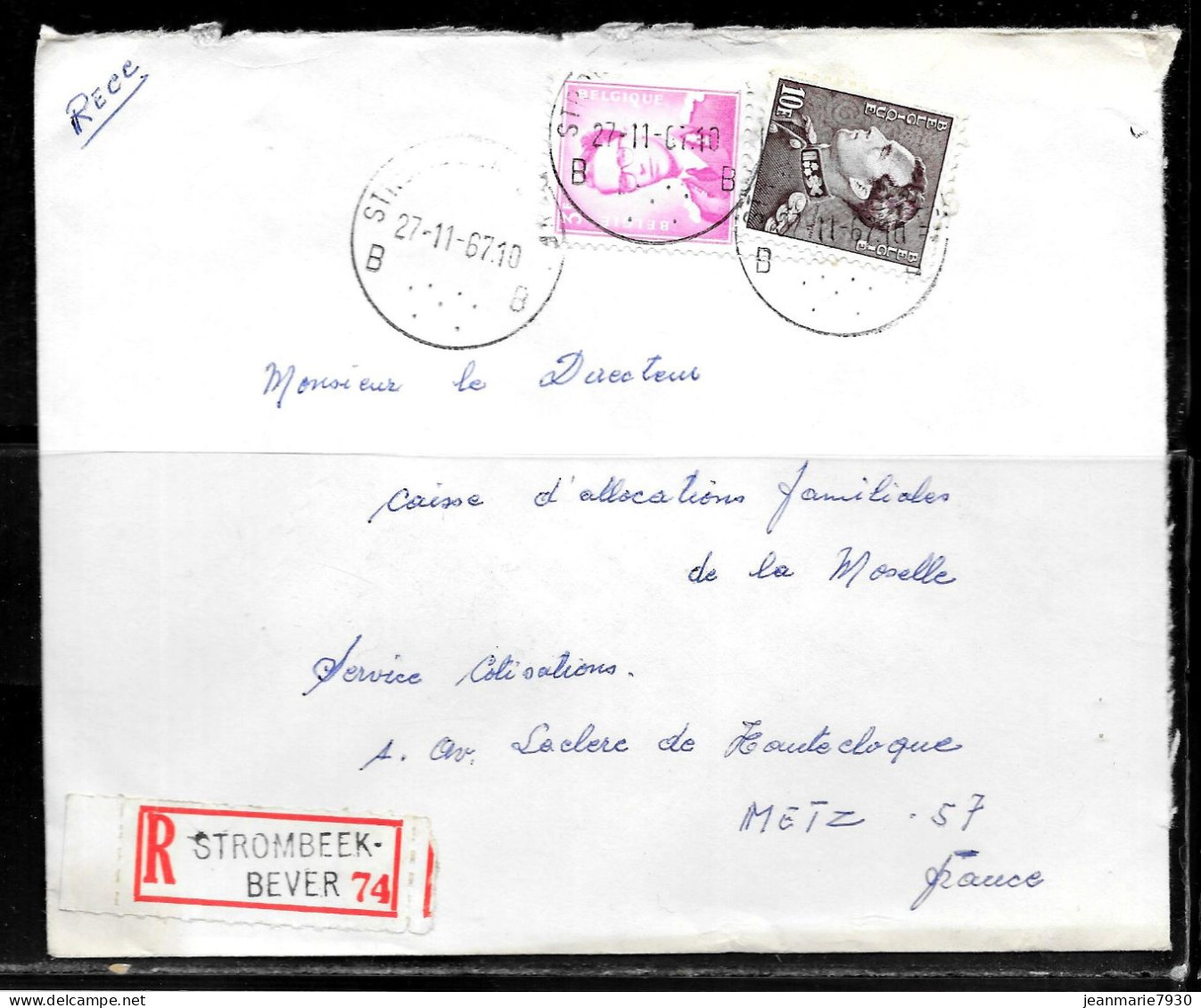 CC96 - BELGIQUE - LETTRE RECOMMANDEE DE STROMBEEK DU 27/11/67 POUR METZ - Covers & Documents