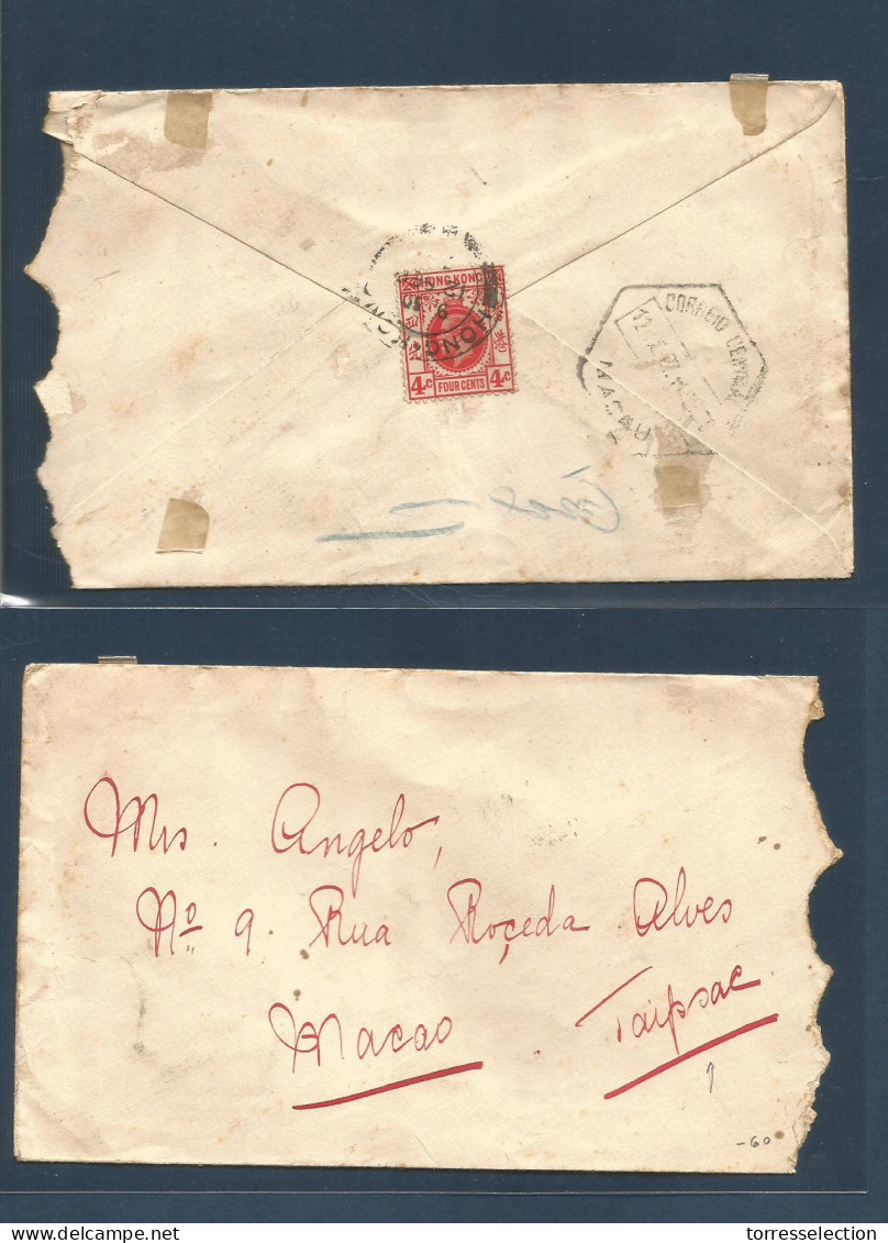 HONG KONG. 1927 (12 Sept) GPO - Macau (12 Sept) Reverse Fkd Env 4c Red Cds + Same Day Arrival. Addressed To Taipsac. Fin - Sonstige & Ohne Zuordnung