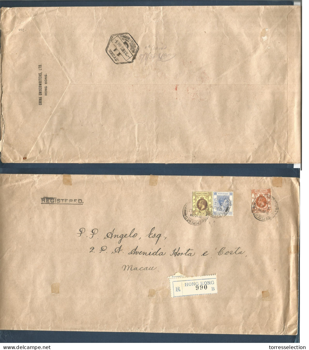 HONG KONG. 1938 (5 Aug) GPO - Macau (5 Aug) 2 Diff King Issues Mixed Franking. George VI + Edward VIII. Registered Fkd E - Sonstige & Ohne Zuordnung