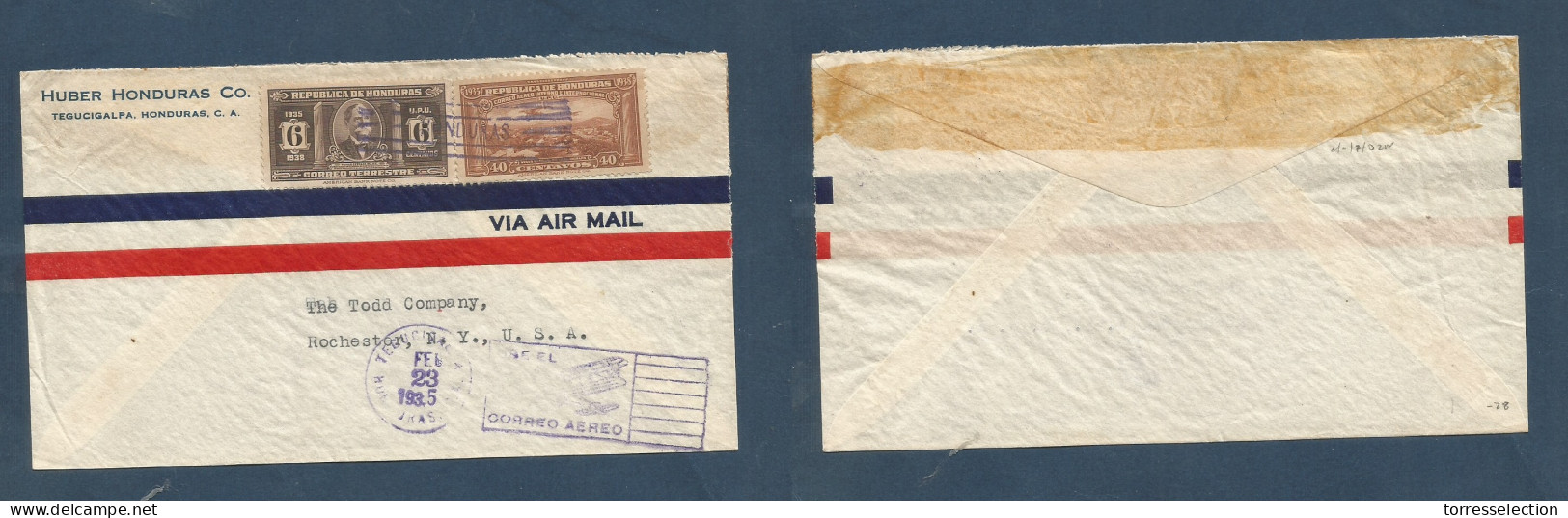 HONDURAS. 1935 (23 Febr) Tegucigalpa - USA, Rochester, NY. Air Multifkd Env. Nice Usage. - Honduras