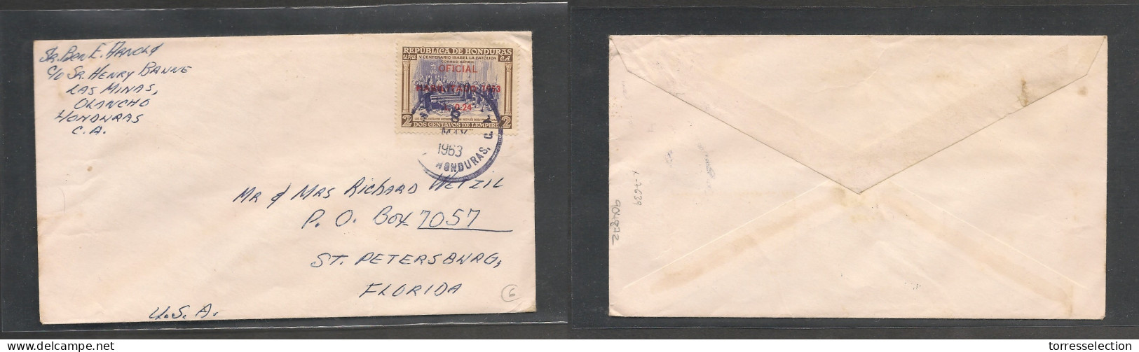 HONDURAS. Honduras Cover - 1963 Olancho To USA FLA St Petersburg Oficial Mail Single Fkd Env, Vf - Honduras