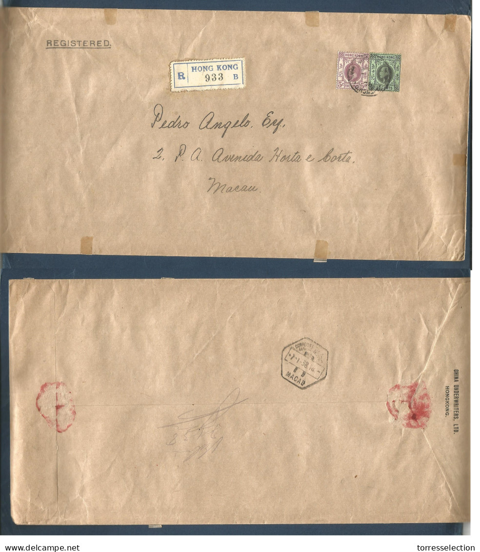 HONG KONG. 1938 (7 Jan) GPO - MACAU (7 Jan). Registered Tied Envelope At 55c Rate Incl 50c. Very Unusual Local High Rate - Sonstige & Ohne Zuordnung