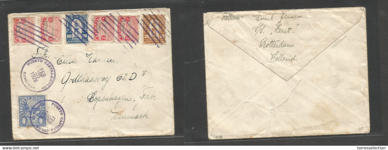 HONDURAS. 1928 (25 Febr) Puerto Castilla, Colon - Denmark, Cph. Multifkd Mixed Issues Incl Ovptd Envelope. Very Are Vill - Honduras