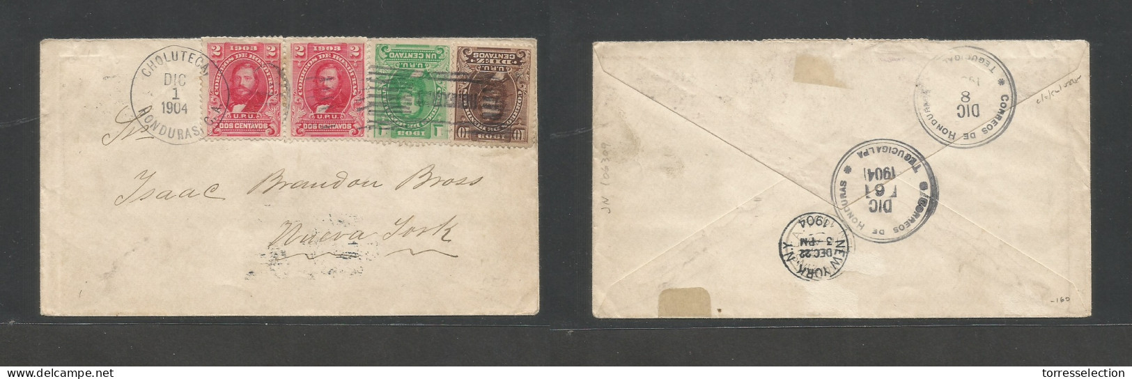 HONDURAS. 1904 (1 Dic) Choluteca - USA, NYC. Multicolor Fkd Early Usage Envelope At 15c Rate. Fine Reverse Transited. - Honduras