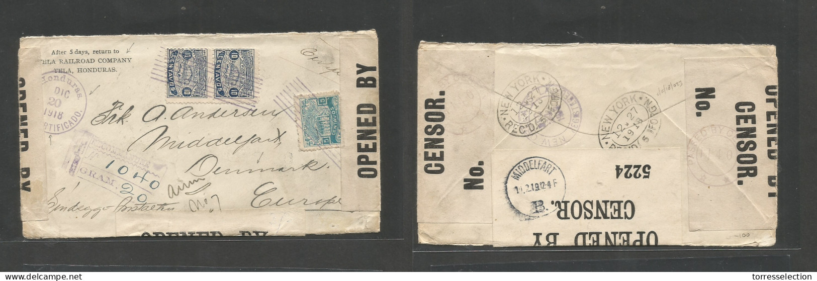 HONDURAS. 1918 (20 Dec) Tela - Denmark, Middelfort (14 Feb) Via NYC. Registered WWI Multifkd Censored (3 Label Seals) En - Honduras