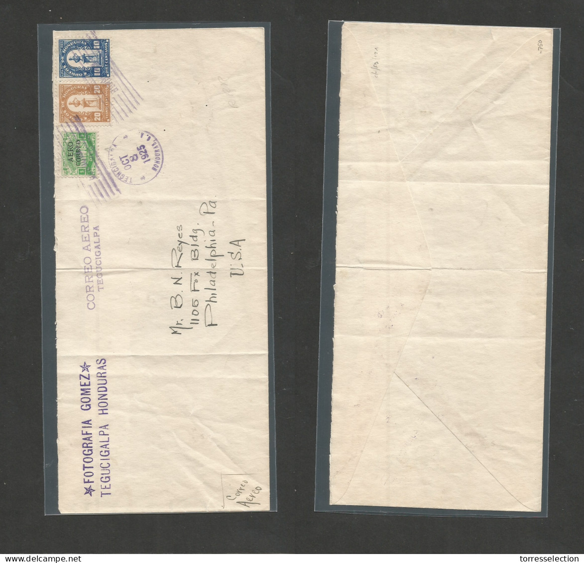 HONDURAS. 1925 (Oct 8) Tepucigalpa. USA, Pha, PA. Air Multifkd Fotografia Business Envelope, Including 1 Peso Green Aere - Honduras