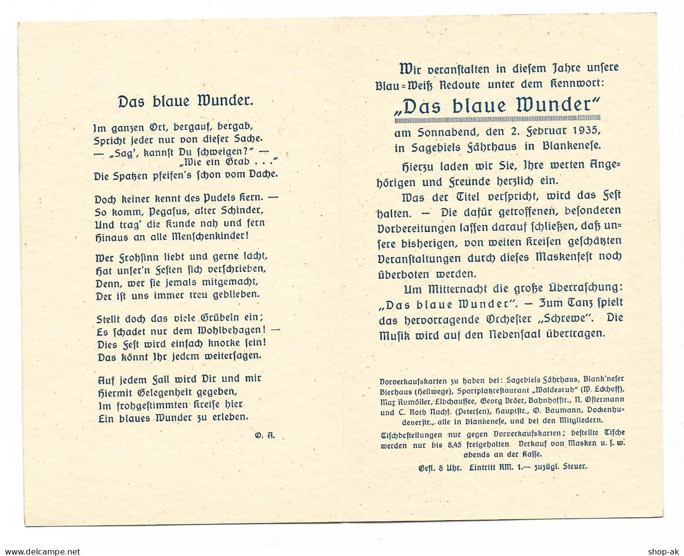 U9856/ Hamburg "Das Blaue Wunder" Spielvereinigung Blankenese  Klappkarte 1935 - Blankenese