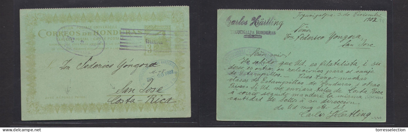 HONDURAS. 1902 (3 Dic) Tegucigalpa - Costa Rica, San Jose (20 Dic) 3c Green / Greenish Half Stationary Card Way Out, Ova - Honduras