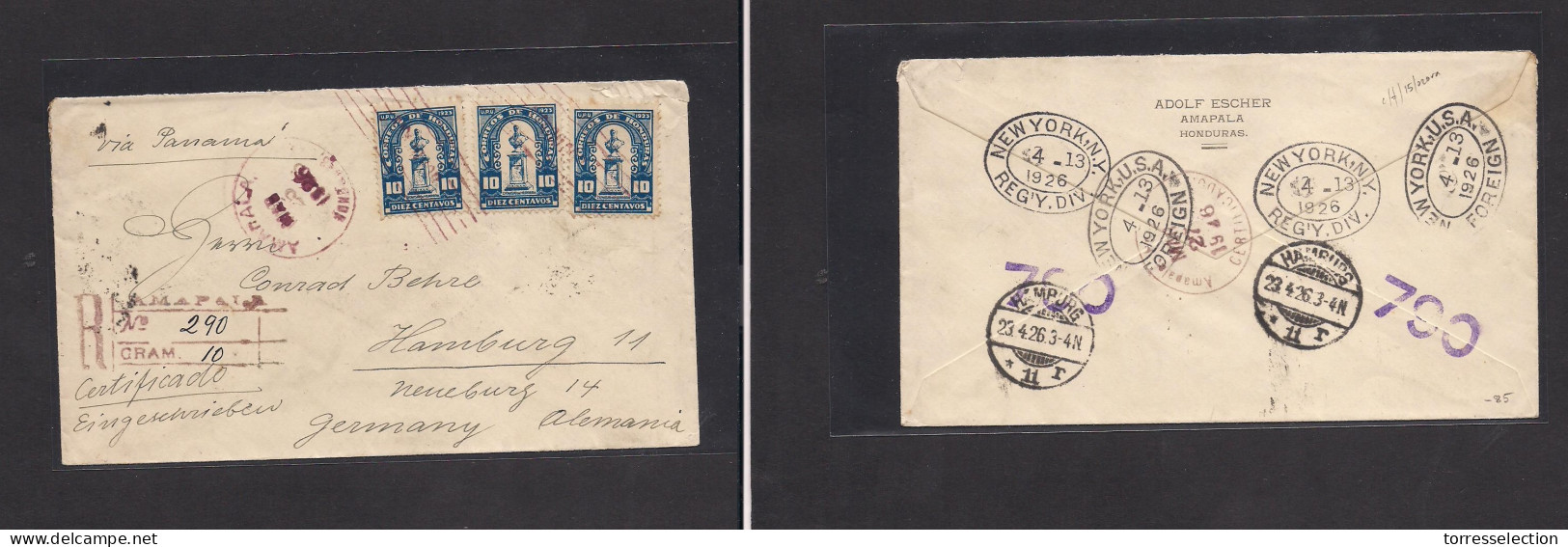 HONDURAS. 1926 (25 Mar) Amapala - Germany, Hamburg (23 April) Registered Multifkd Env. Via Panama + R - Lilac Cachet. Be - Honduras