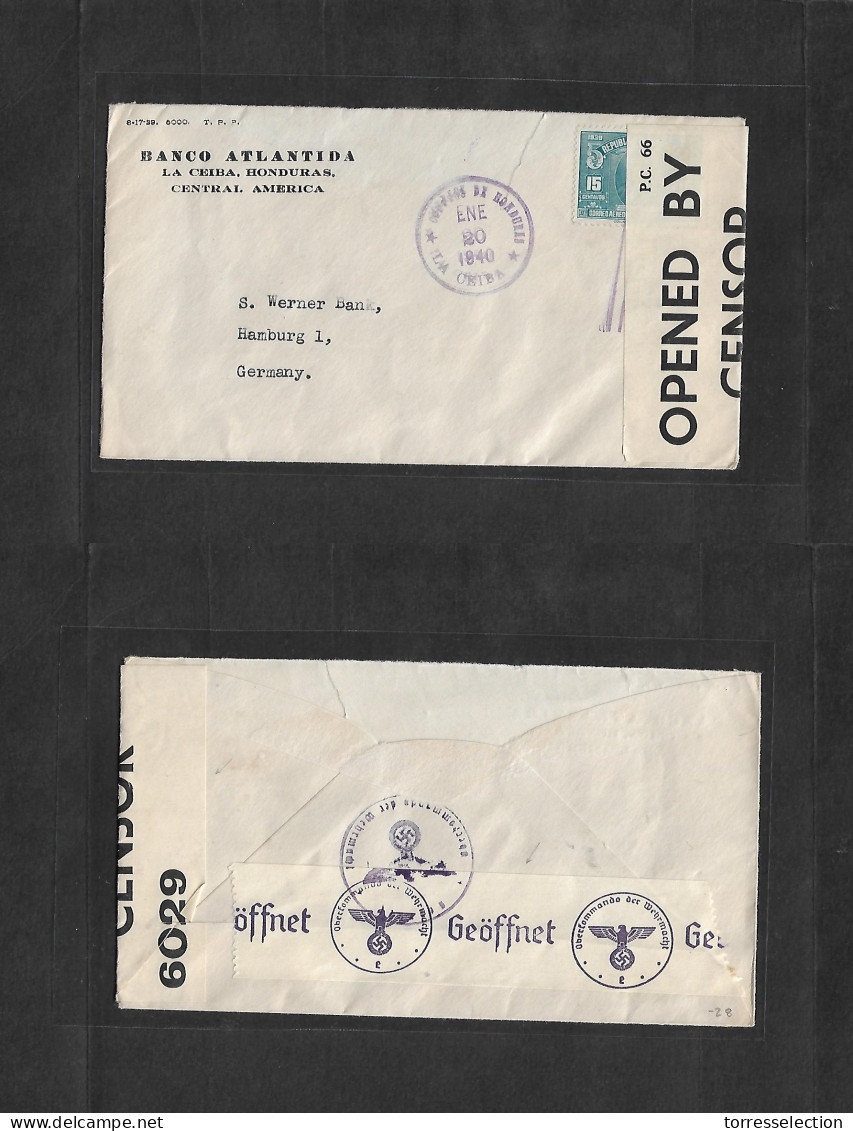 HONDURAS. 1940 (20 Ene) La Cuba - Germany, Hamburg. 15c Blue Fkd Env Violet Cds British + Nazi Censorship Labels. - Honduras