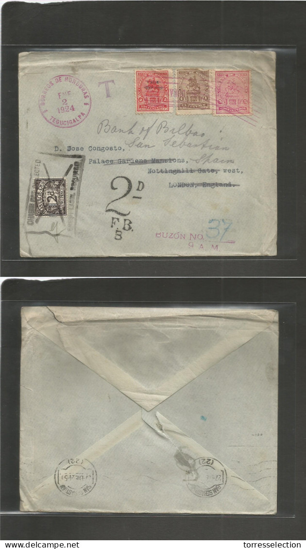 HONDURAS. 1924 (2 Enero) Tegucigalpa - London, UK. Multifkd Env + GB Taxed P. Dues, Tied Boxed + Fwded To Spain. San Seb - Honduras