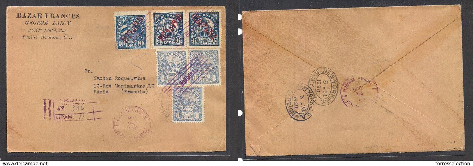 HONDURAS. 1930 (24 May) Trujillo - France, Paris Via NY. Registered Multifkd Env At 25c Rate, Tied Cds. Very Appealing U - Honduras