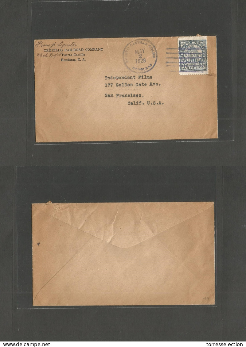 HONDURAS. 1928 (May 2) Puerto Castilla Colon - USA, Cali / SF, Truxillo Railroad Campey. Single Fkd Env. - Honduras